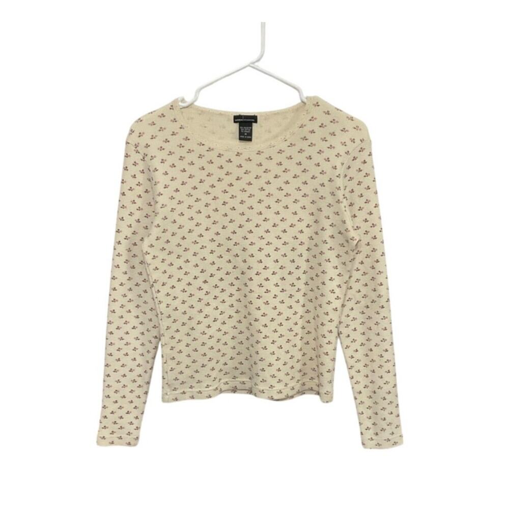 VTG Y2K Moda International Cream/Pink Waffle Knit Floral Long Sleeve Top Medium